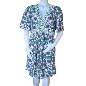 Boden Terrace Bud Purple Floral Print V-Neck Contrast Detail Dress Size 14